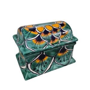 Mexico Pottery Trinket Box Hand Painted Green Yellow Treasure Chest Lidded